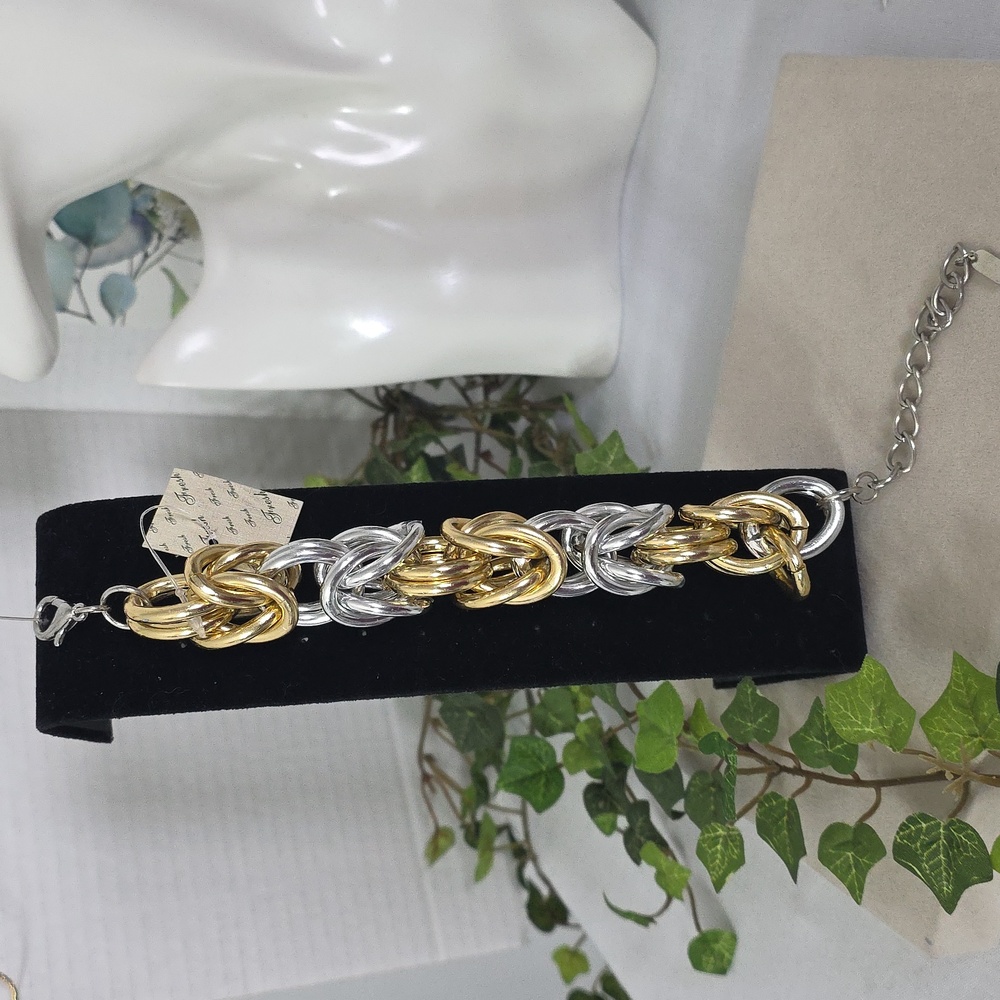 Statement Chunky Two Tone Chain Bracelet Interlocking Gold and Silver Links